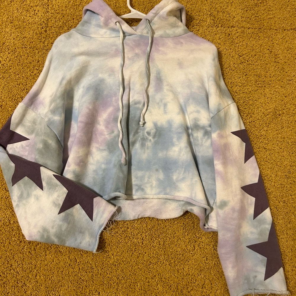 Storia Blue and White And Purple Tie Dye Hoodie With Stars On Sleev Size Medium